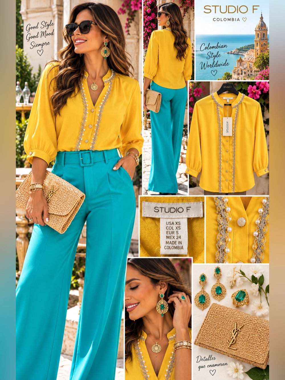 Studio F Yellow Embellished Blouse Size XS – Made in Colombia NWT